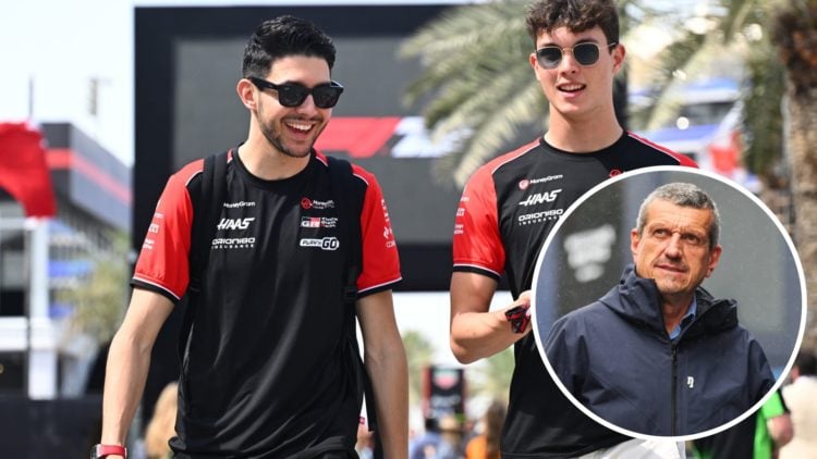 Haas drivers Esteban Ocon and Oliver Bearman, inset of Guenther Steiner