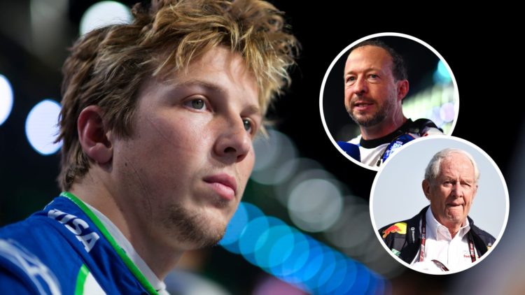Racing Bulls driver Liam Lawson reacts after the 2025 F1 Saudi Arabian Grand Prix with insets of CEO Peter Bayer and Red Bull advisor Helmut Marko
