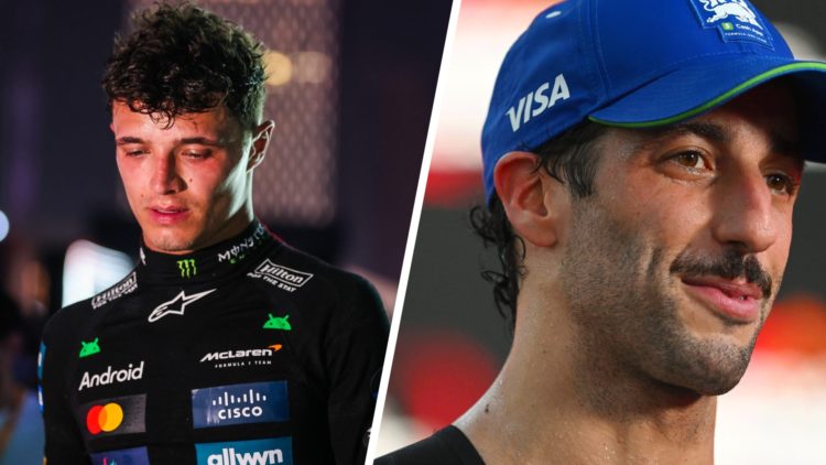 Split image of Lando Norris (L) and Daniel Ricciardo (R) at RB at the 2024 Singapore Grand Prix