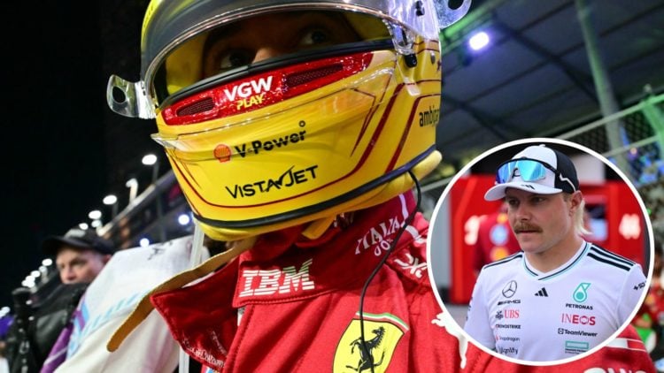Ferrari driver Lewis Hamilton reacts after the 2025 F1 Saudi Arabian Grand Prix with an inset of Mercedes reserve driver Valtteri Bottas
