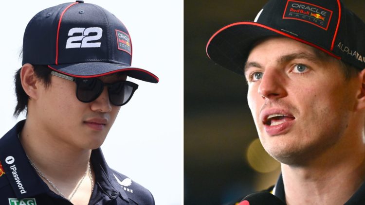 Red Bull drivers Yuki Tsunoda and Max Verstappen in the 2025 F1 Saudi Arabian Grand Prix paddock