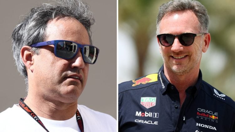 Split image of former Formula 1 driver Juan Pablo Montoya and Red Bull team principal Christian Horner, both walking in the paddock