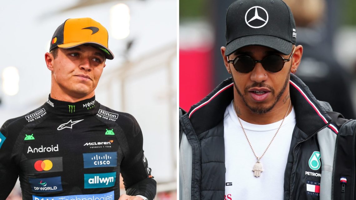 Split image of McLaren driver Lando Norris before the Bahrain Grand Prix and Lewis Hamilton during his days at Mercedes