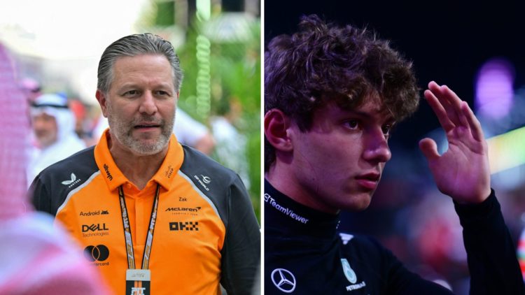 Zak Brown (left) standing in the Formula 1 paddock, Andrea Kimi Antonelli (right) raising his hand to his head