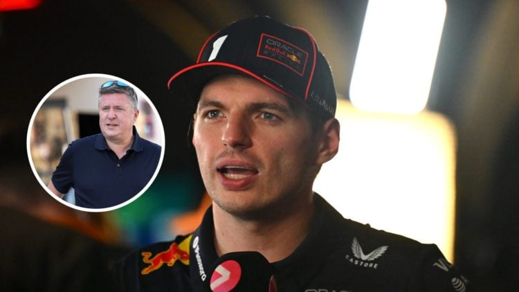 Max Verstappen (middle) being interviewed, David Croft (left) walking through the paddock