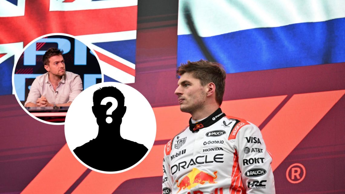 Max Verstappen (right) standing on the podium at the Japanese Grand Prix, inset, Jolyon Palmer (right) sitting at a desk