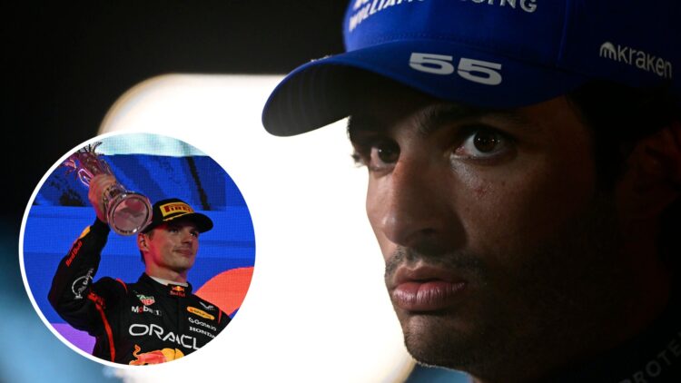 Williams driver Carlos Sainz speaks to media at the 2025 F1 Saudi Arabian GP with an inset of Red Bull's Max Verstappen celebrating P2