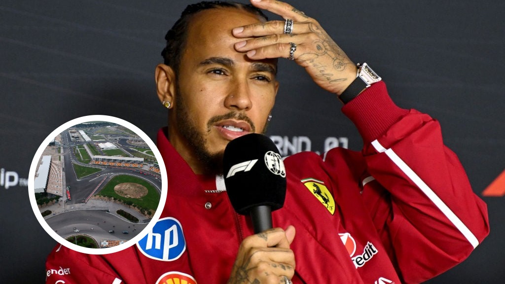 Image of Ferrari F1 driver Lewis Hamilton in a press conference with an inset of the Hanoi Circuit from above