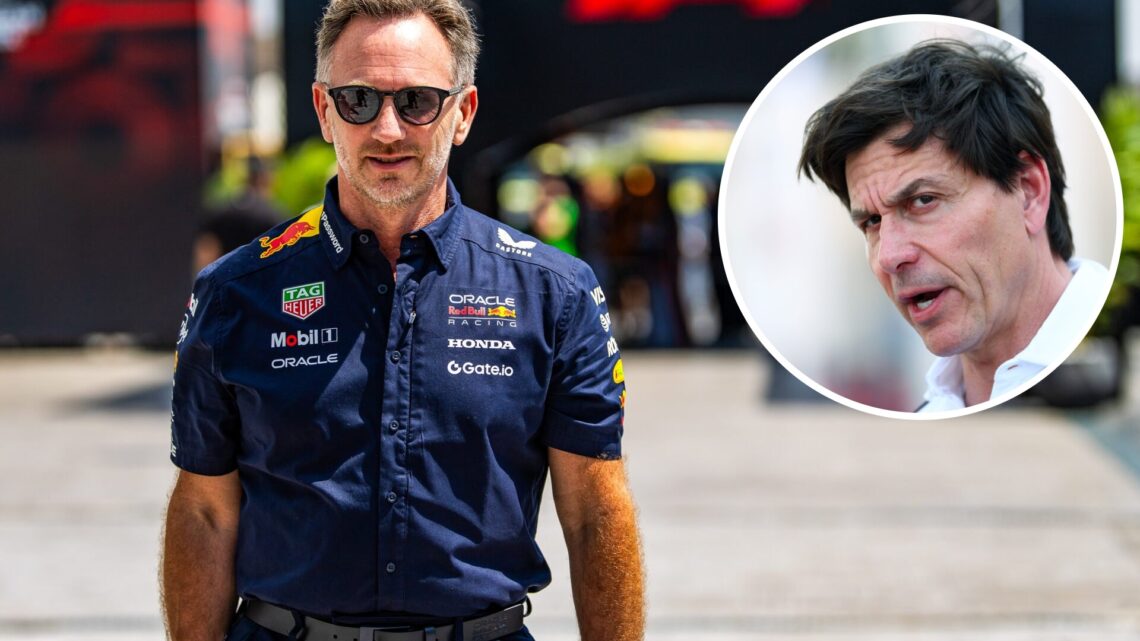 Red Bull team principal Christian Horner in the 2025 F1 Saudi Arabian Grand Prix paddock with an inset of Mercedes boss Toto Wolff