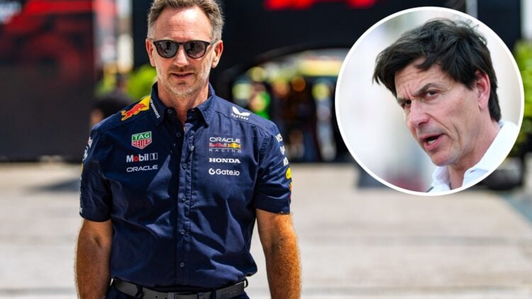 Red Bull team principal Christian Horner in the 2025 F1 Saudi Arabian Grand Prix paddock with an inset of Mercedes boss Toto Wolff