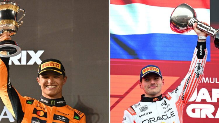Split image of McLaren driver Lando Norris and Red Bull's Max Verstappen lifting trophies on the F1 podium