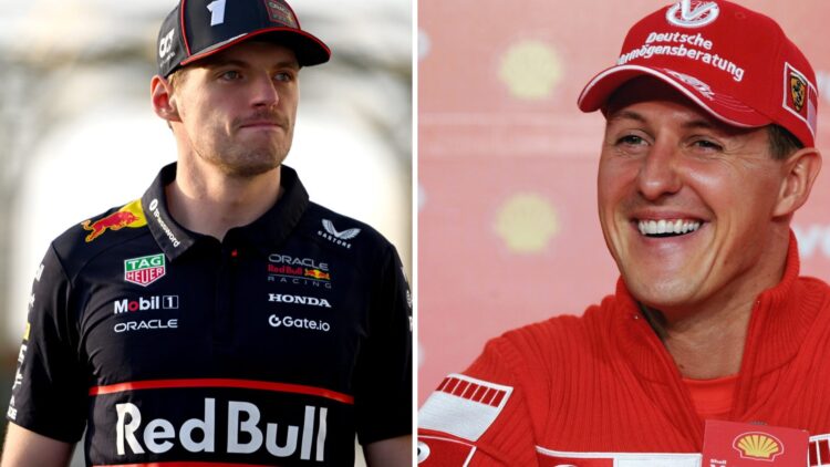 Max Verstappen (left) walking through the F1 paddock, Michael Schumacher (right) sitting in a press conference