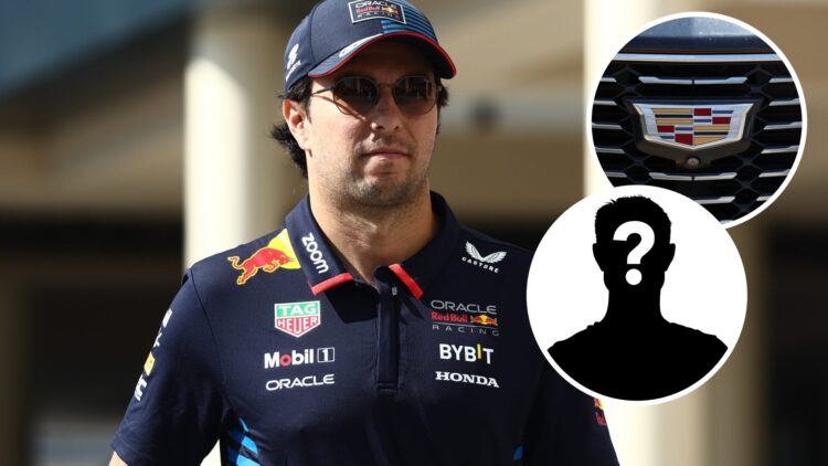 Sergio Perez in the 2024 F1 Abu Dhabi Grand Prix paddock whilst a Red Bull driver with an inset of the Cadillac logo