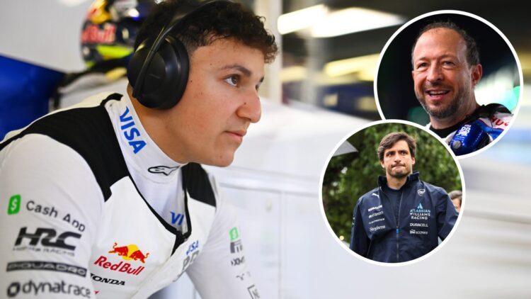 Racing Bulls driver Isack Hadjar in the garage before his F1 debut at the 2025 Australian Grand Prix with insets of CEO Peter Bayer and Williams dr...