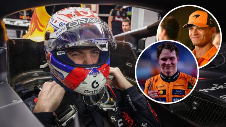 Red Bull driver Max Verstappen gets ready for the 2025 F1 Saudi Arabian Grand Prix with insets of McLaren drivers Lando Norris and Oscar Piastri