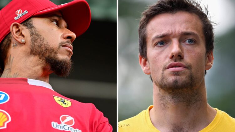 Lewis Hamilton (left) standing in the paddock at the Saudi Arabian Grand Prix, Jolyon Palmer (right) in Renault F1 team clothing