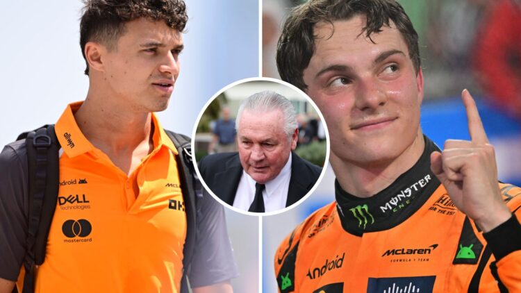 Split image of McLaren drivers Lando Norris (L) and Oscar Piastri (R), inset Alan Jones