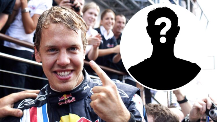 Sebastian Vettel during the 2009 Formula 1 season with Red Bull, inset Mystery