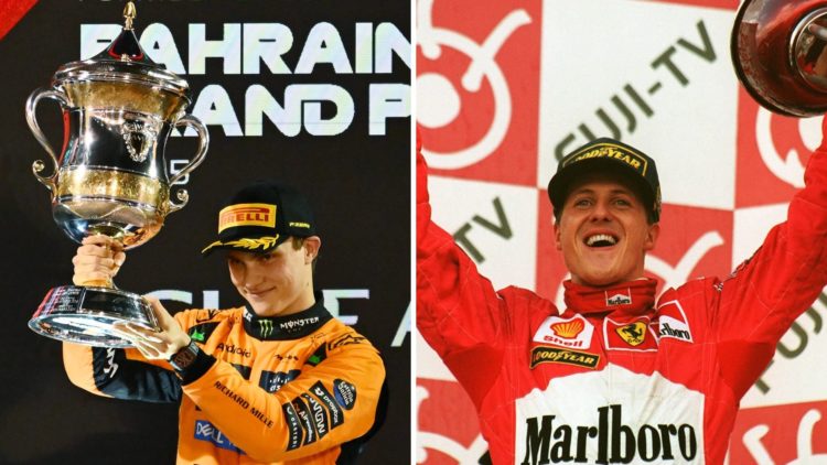 Oscar Piastri (left) celebrating at the 2025 Bahrain Grand Prix, Michael Schumacher (right) on the podium at the 1997 Japanese Grand Prix
