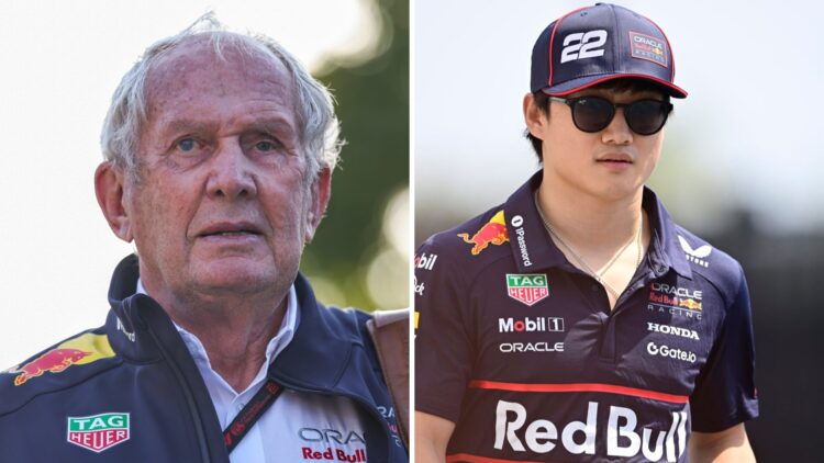 Split image of Red Bull chief advisor Helmut Marko (L) and Yuki Tsunoda (R)
