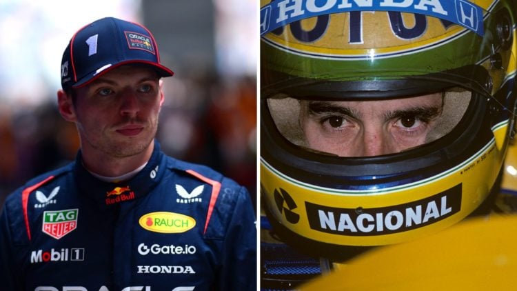 Max Verstappen (left) at the Australian Grand Prix, Ayrton Senna (right) sitting in his 1987 Lotus Formula 1 car