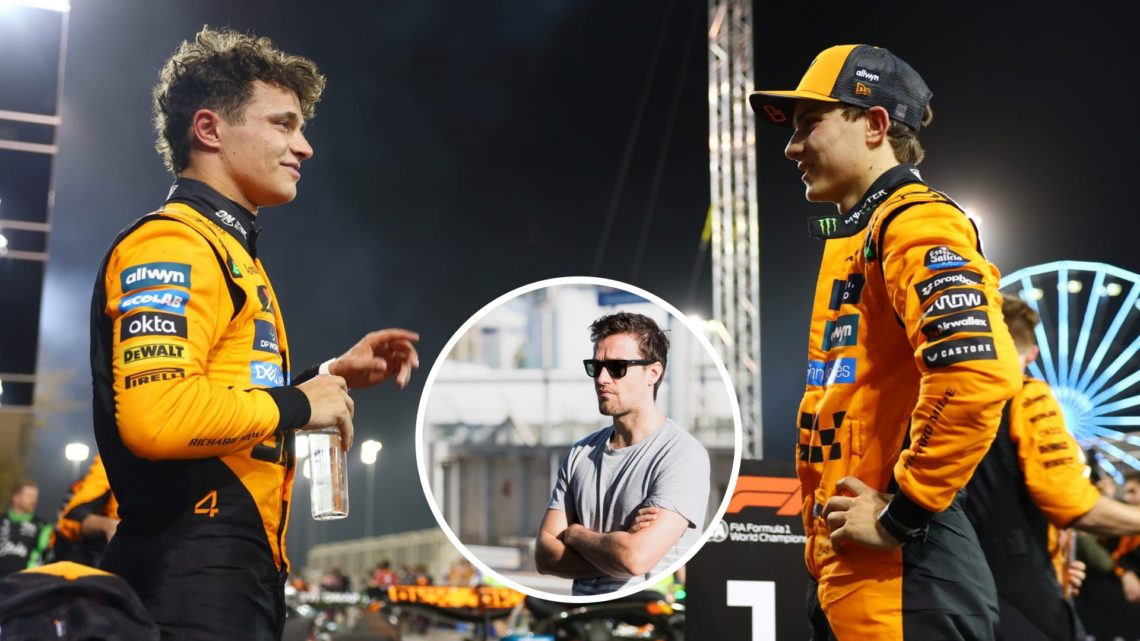 McLaren drivers Lando Norris and Oscar Piastri talk after the 2025 F1 Bahrain Grand Prix. Inset, Jolyon Palmer in the GP3 pit lane.