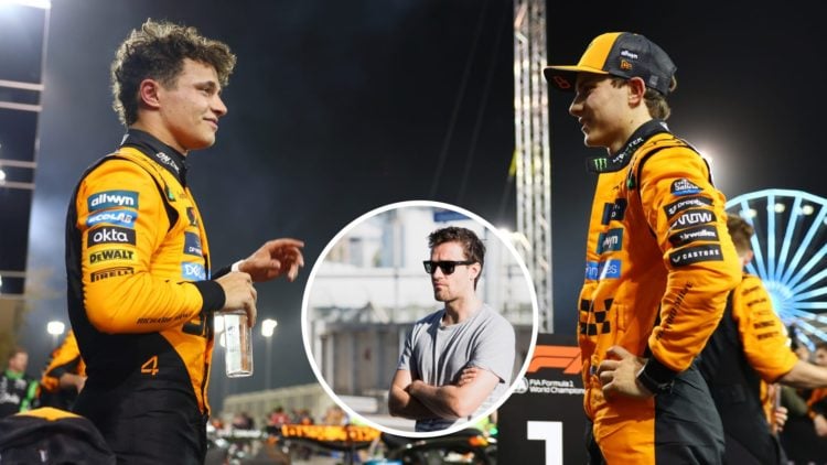 McLaren drivers Lando Norris and Oscar Piastri talk after the 2025 F1 Bahrain Grand Prix. Inset, Jolyon Palmer in the GP3 pit lane.