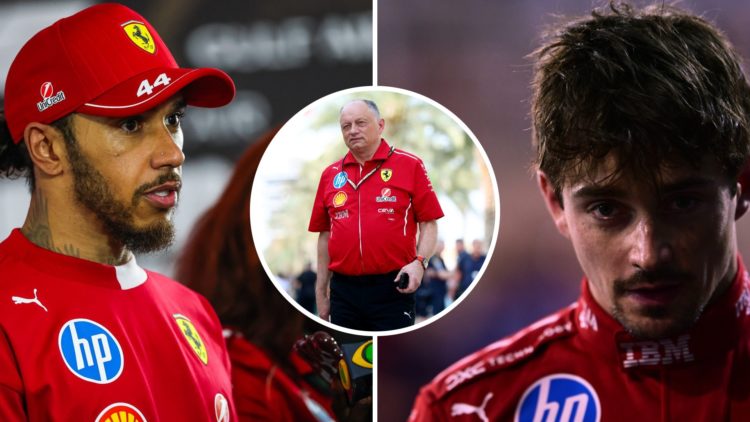 Ferrari drivers Lewis Hamilton and Charles Leclerc react at the 2025 F1 Bahrain Grand Prix. Inset, Ferrari team principal Fred Vasseur arrives in S...