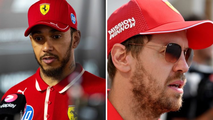 Lewis Hamilton (left) speaking at the Chinese Grand Prix, Sebastian Vettel (right) at the Abu Dhabi Grand Prix