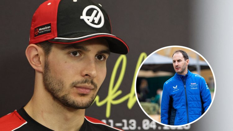 Haas driver Esteban Ocon speaks to the media at the 2025 F1 Bahrain Grand Prix with an inset of Alpine team principal Oliver Oakes arriving in the ...