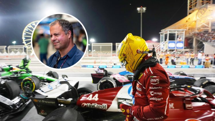 Lewis Hamilton looks at his Ferrari car at the Bahrain Grand Prix; inset of Formula 1 analyst Ted Kravitz in the paddock.