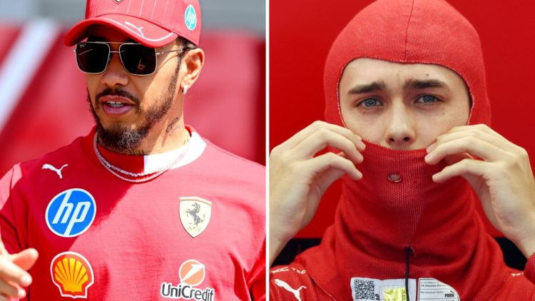 Lewis Hamilton (left) pointing to the left of the camera, Dino Beganovic (right) adjusting his balaclava.