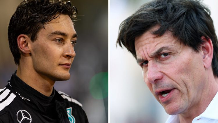 George Russell (left) at the Bahrain Grand Prix, Toto Wolff (right) during Bahrain pre-season testing