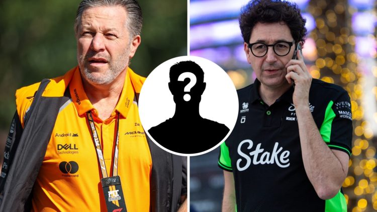 McLaren CEO Zak Brown (left) walking through the F1 paddock, Sauber boss Mattia Binotto (right) talking on the phone.
