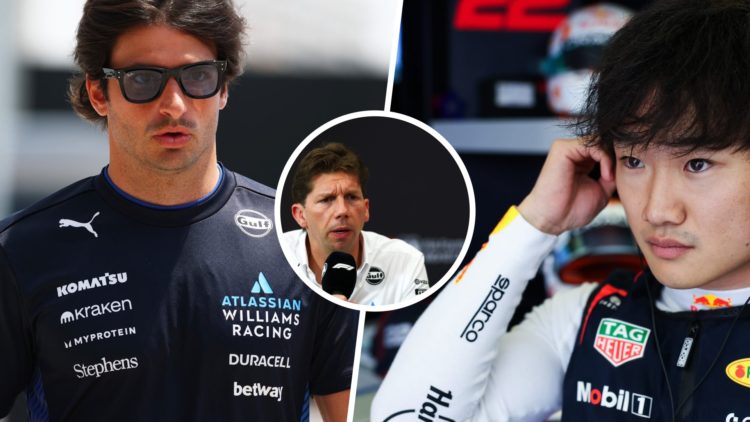 Split image of Carlos Sainz (L) and Yuki Tsunoda (R) at the 2025 Bahrain Grand Prix, inset James Vowles