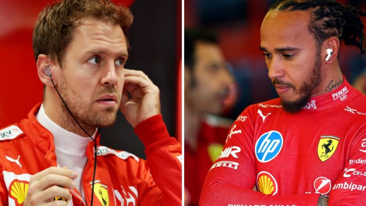 Split image of Sebastian Vettel and Lewis Hamilton, both in the Ferrari Formula 1 garage