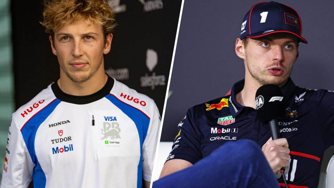 Split image of Racing Bulls driver Liam Lawson in the Saudi Arabian Grand Prix paddock and Red Bull driver Max Verstappen in the F1 press conference