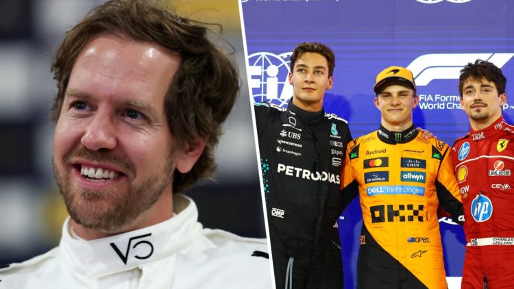 Split image of Sebastian Vettel at a press conference and Formula 1 trio George Russell, Oscar Piastri and Charles Leclerc after a qualifying session