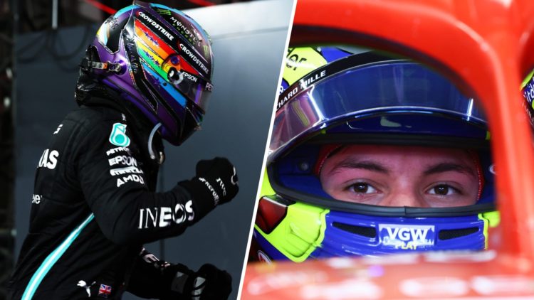 Lewis Hamilton celebrates after winning the 2021 Saudi Arabian Grand Prix and Oliver Bearman sits in his Ferrari during practice at the 2024 Saudi ...