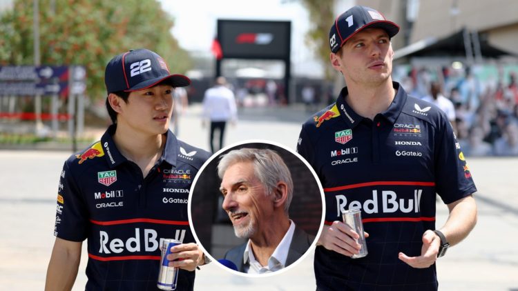 Red Bull drivers Yuki Tsunoda and Max Verstappen walking in the F1 paddock with an inset of Damon Hill.