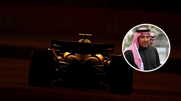 An image of Alpine's 2025 F1 car at the Bahrain Grand Prix with an inset of Prince Khalid bin Sultan Al-Abdullah Al-Faisal