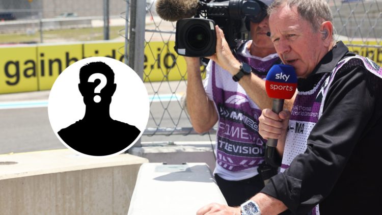 Sky Sports pundit Martin Brundle watching on at the side of a Formula 1 track with an inset of a mystery driver