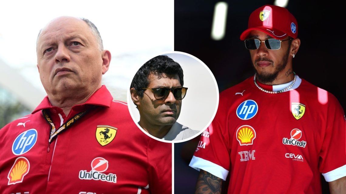 Split image of Ferrari team principal Fred Vasseur and Lewis Hamilton at the Saudi Arabian Grand Prix with an inset of Karun Chandhok
