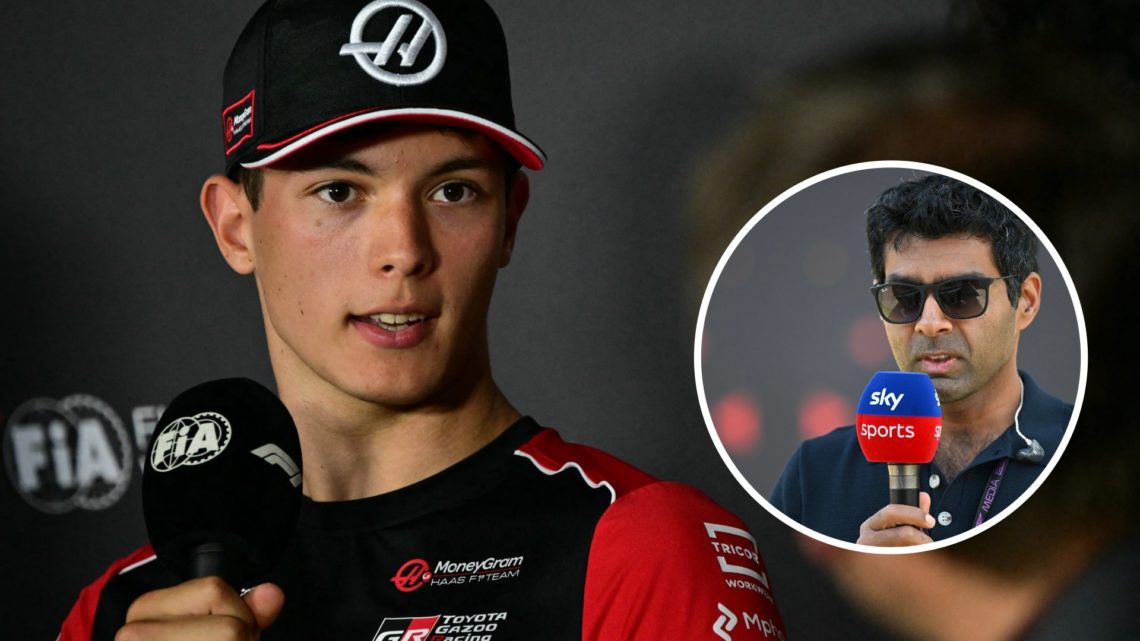 Haas driver Oliver Bearman speaks to media at 2025 F1 Saudi Arabian Grand Prix with an inset of Sky Sports pundit Karun Chandhok
