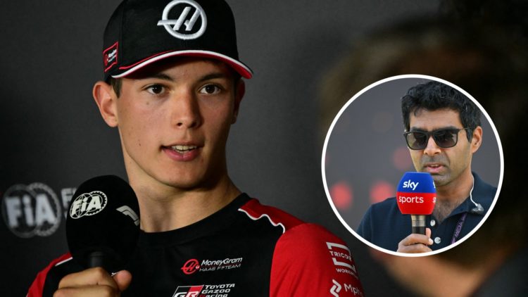 Haas driver Oliver Bearman speaks to media at 2025 F1 Saudi Arabian Grand Prix with an inset of Sky Sports pundit Karun Chandhok