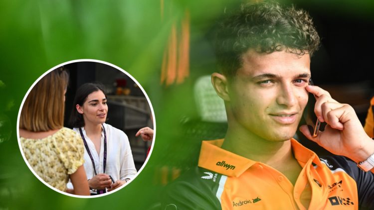 McLaren driver Lando Norris in the 2025 F1 Saudi Arabian Grand Prix paddock with an inset of Sky Sports pundit Jamie Chadwick