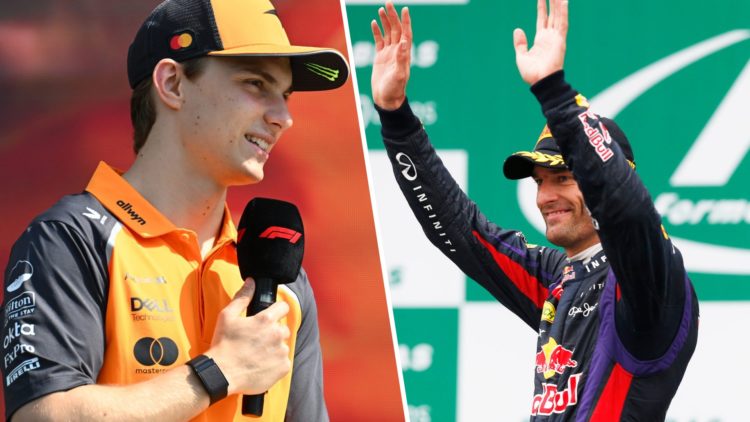 Split image of McLaren driver Oscar Piastri talking at the Saudi Arabian Grand Prix and Mark Webber celebrating on the podium for Red Bull