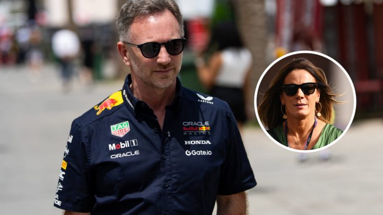 Image of Red Bull team principal Christian Horner walking in the Formula 1 paddock with an inset of Natalie Pinkham