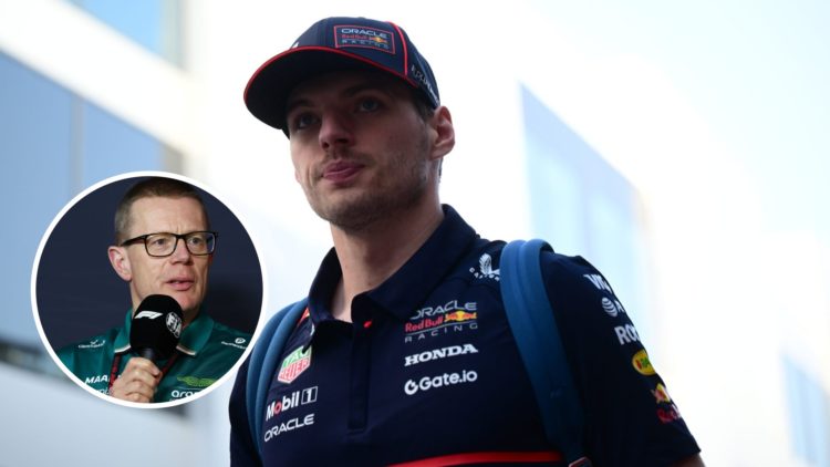 Red Bull driver Max Verstappen arrives at the 2025 F1 Saudi Arabian Grand Prix with an inset of Aston Martin CEO and team principal Andy Cowell in ...