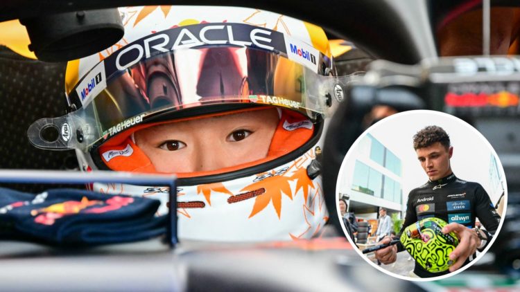 Red Bull driver Yuki Tsunoda in 2025 F1 Saudi Arabian Grand Prix practice with an inset of McLaren driver Lando Norris in the paddock.